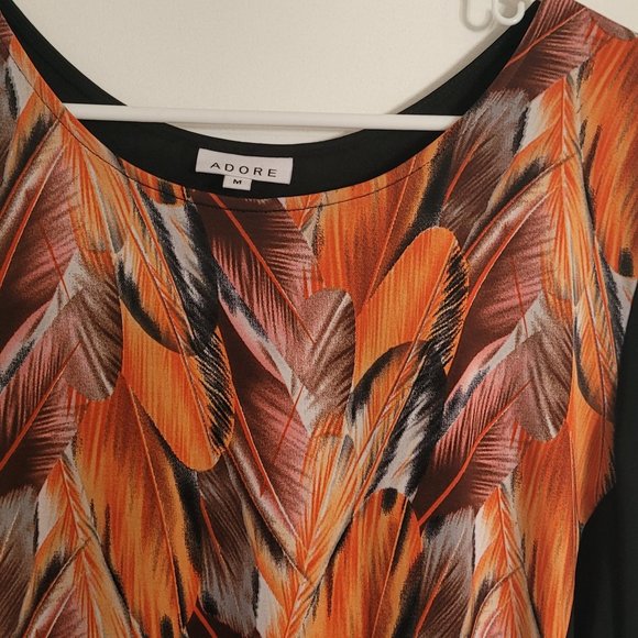 Adore Women's Black with Red/Orange Feather Print Tunic Top - Picture 3 of 4